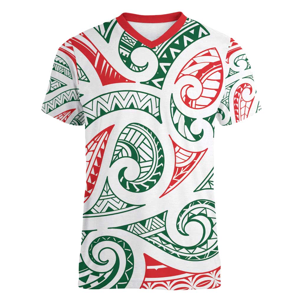 New Zealand Kowhaiwhai Christmas Women V-Neck T-Shirt Traditional Maori Koru Pattern LT9 Female White - Polynesian Pride