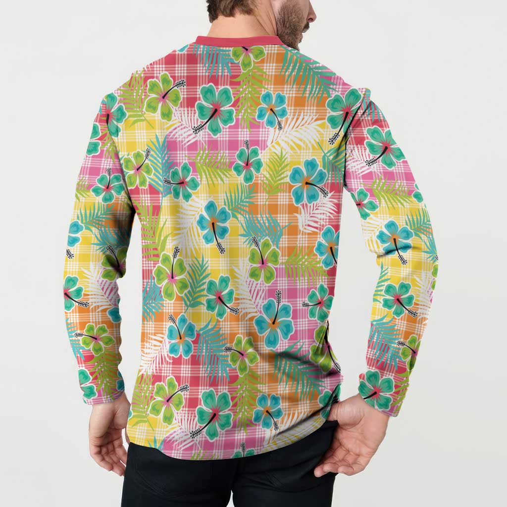 Hawaiian Palaka Button Sweatshirt Hibiscus Palm Leaf Pattern - Polynesian Pride