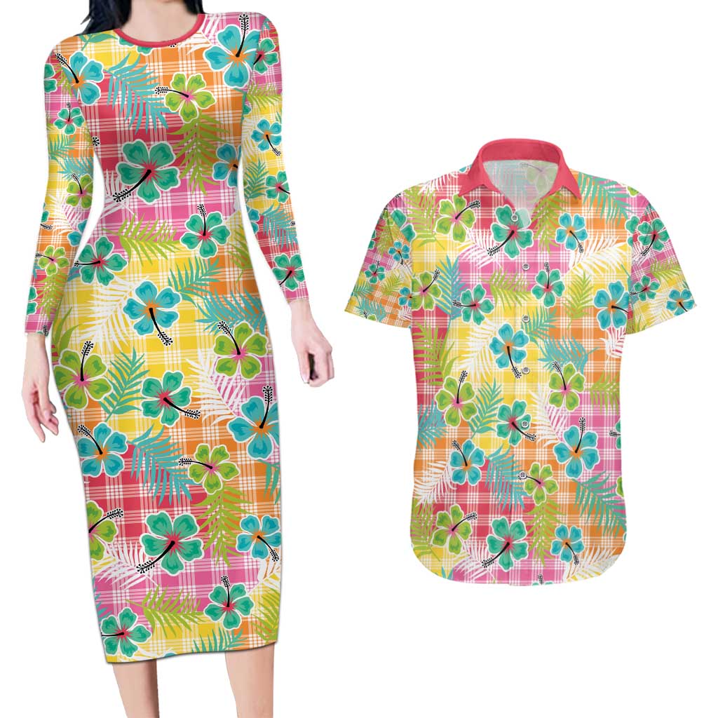 Hawaiian Palaka Couples Matching Long Sleeve Bodycon Dress and Hawaiian Shirt Hibiscus Palm Leaf Pattern LT9 Yellow - Polynesian Pride