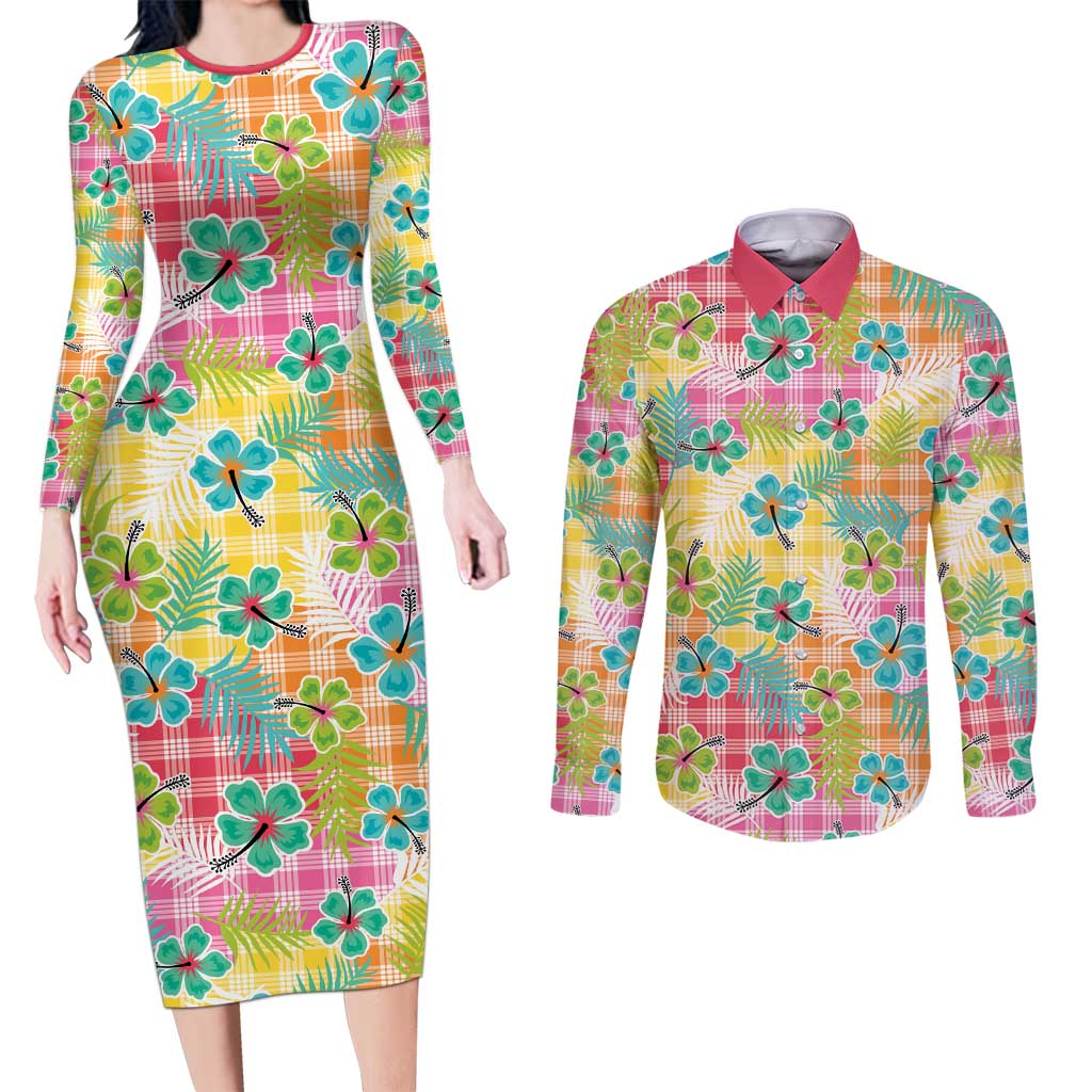 Hawaiian Palaka Couples Matching Long Sleeve Bodycon Dress and Long Sleeve Button Shirt Hibiscus Palm Leaf Pattern LT9 Yellow - Polynesian Pride