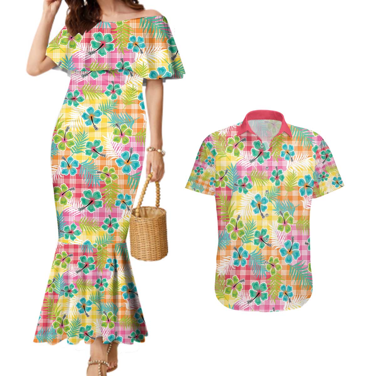 Hawaiian Palaka Couples Matching Mermaid Dress and Hawaiian Shirt Hibiscus Palm Leaf Pattern LT9 Yellow - Polynesian Pride
