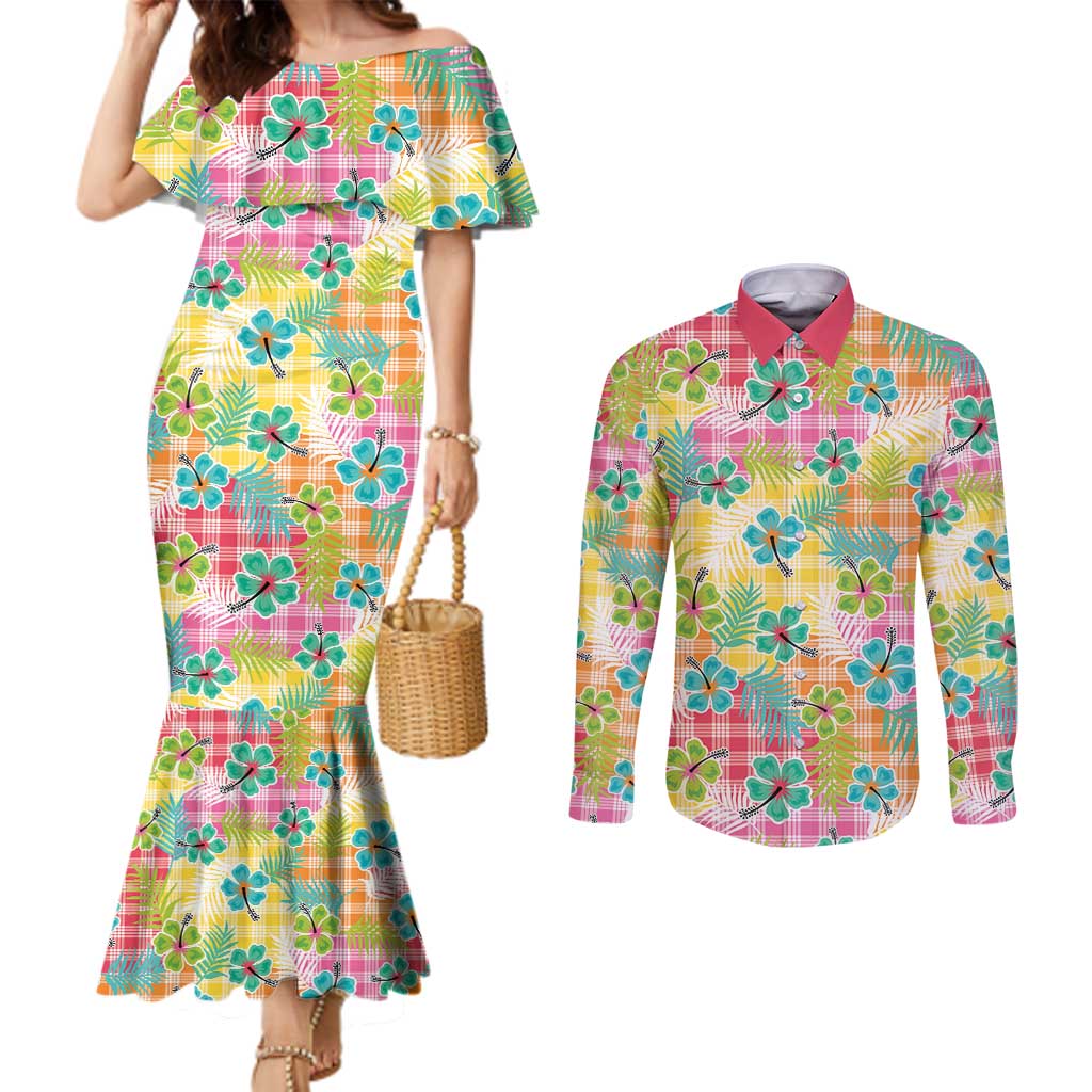 Hawaiian Palaka Couples Matching Mermaid Dress and Long Sleeve Button Shirt Hibiscus Palm Leaf Pattern - Polynesian Pride