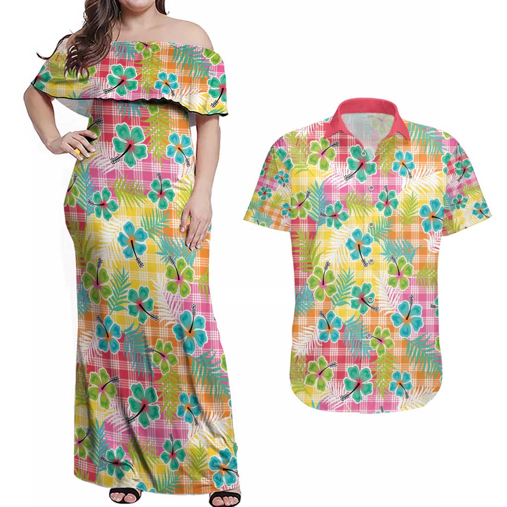 Hawaiian Palaka Couples Matching Off Shoulder Maxi Dress and Hawaiian Shirt Hibiscus Palm Leaf Pattern LT9 Yellow - Polynesian Pride