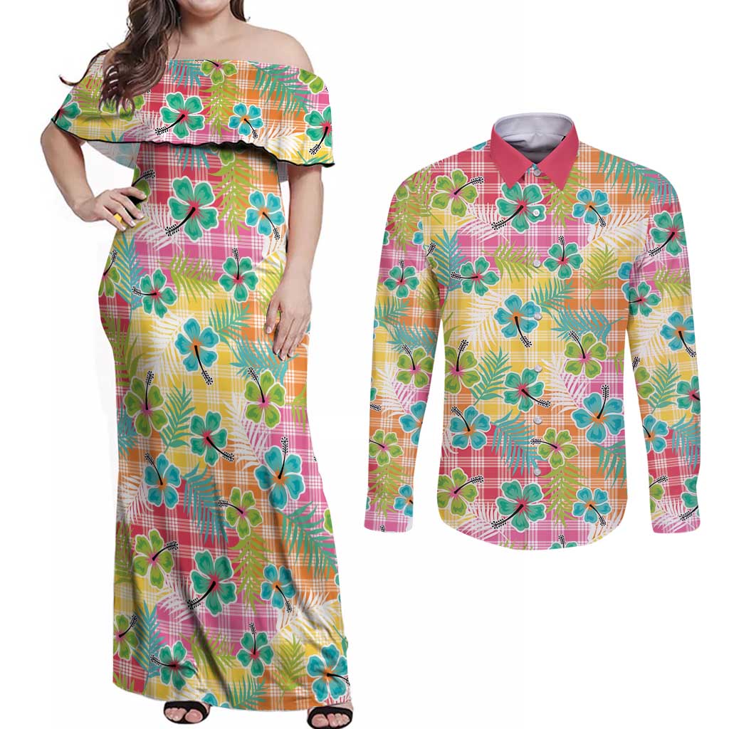 Hawaiian Palaka Couples Matching Off Shoulder Maxi Dress and Long Sleeve Button Shirt Hibiscus Palm Leaf Pattern LT9 Yellow - Polynesian Pride