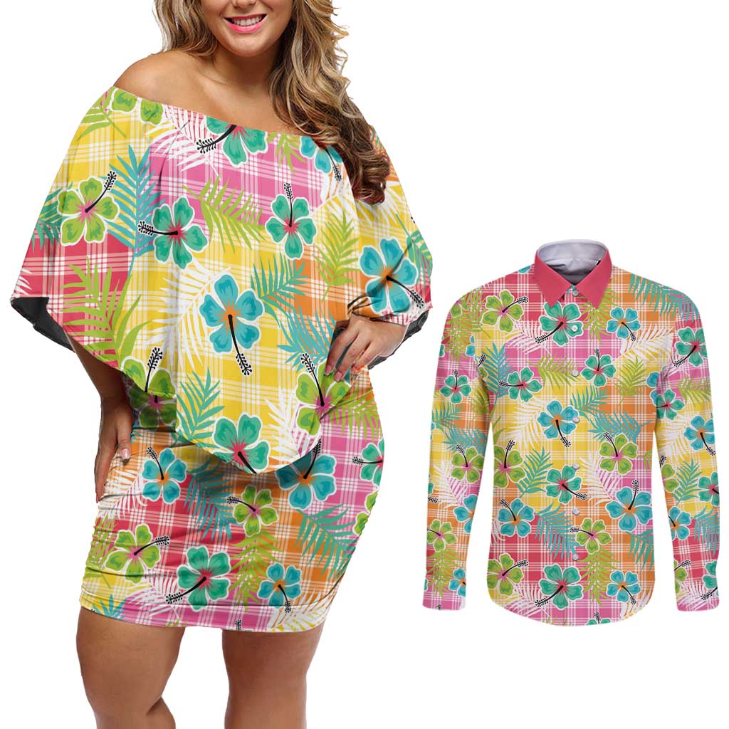 Hawaiian Palaka Couples Matching Off Shoulder Short Dress and Long Sleeve Button Shirt Hibiscus Palm Leaf Pattern LT9 Yellow - Polynesian Pride