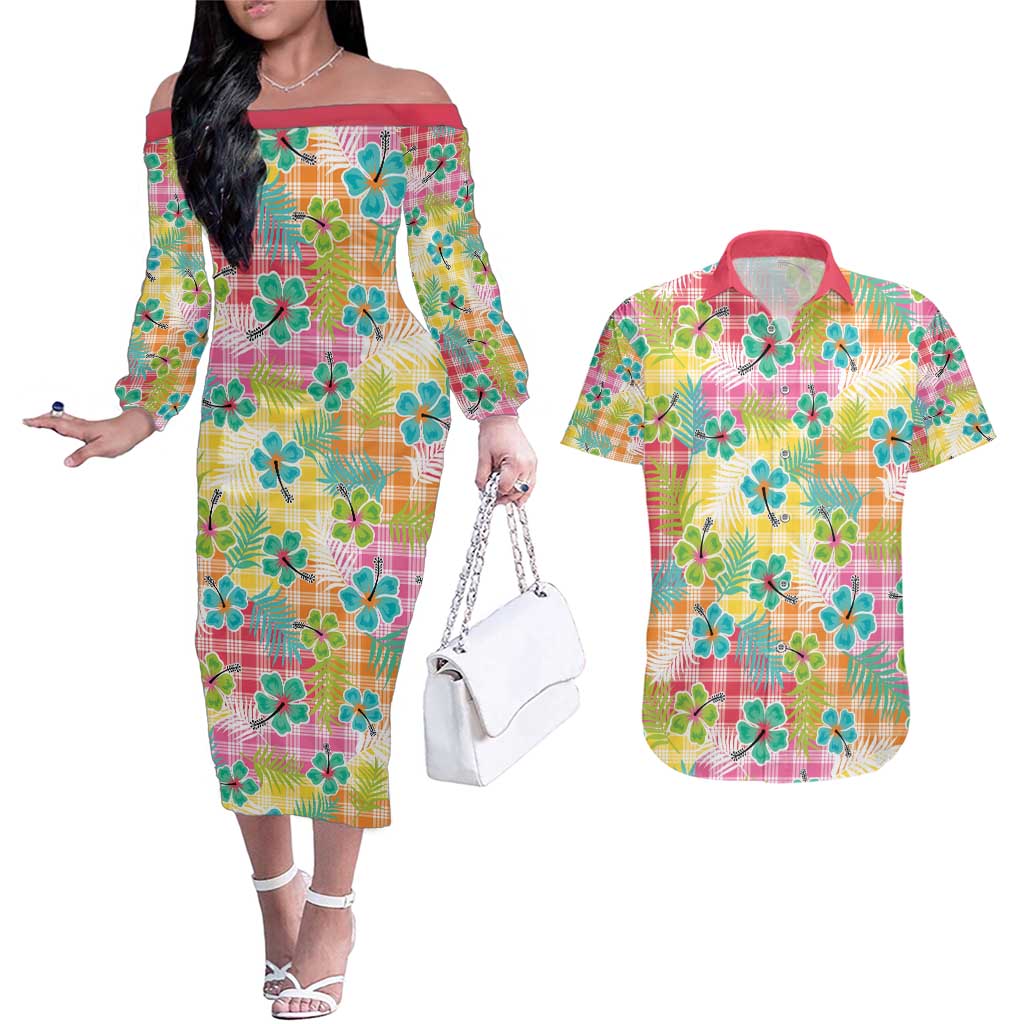 Hawaiian Palaka Couples Matching Off The Shoulder Long Sleeve Dress and Hawaiian Shirt Hibiscus Palm Leaf Pattern LT9 Yellow - Polynesian Pride
