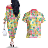Hawaiian Palaka Couples Matching Off The Shoulder Long Sleeve Dress and Hawaiian Shirt Hibiscus Palm Leaf Pattern - Polynesian Pride