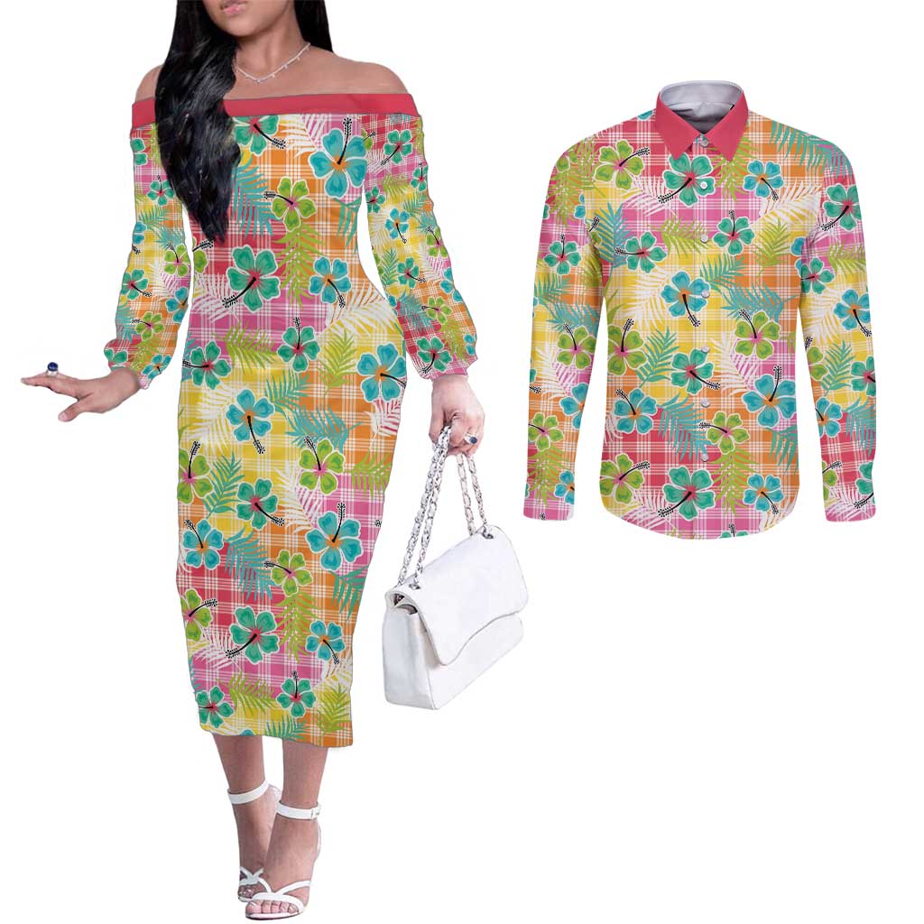 Hawaiian Palaka Couples Matching Off The Shoulder Long Sleeve Dress and Long Sleeve Button Shirt Hibiscus Palm Leaf Pattern LT9 Yellow - Polynesian Pride