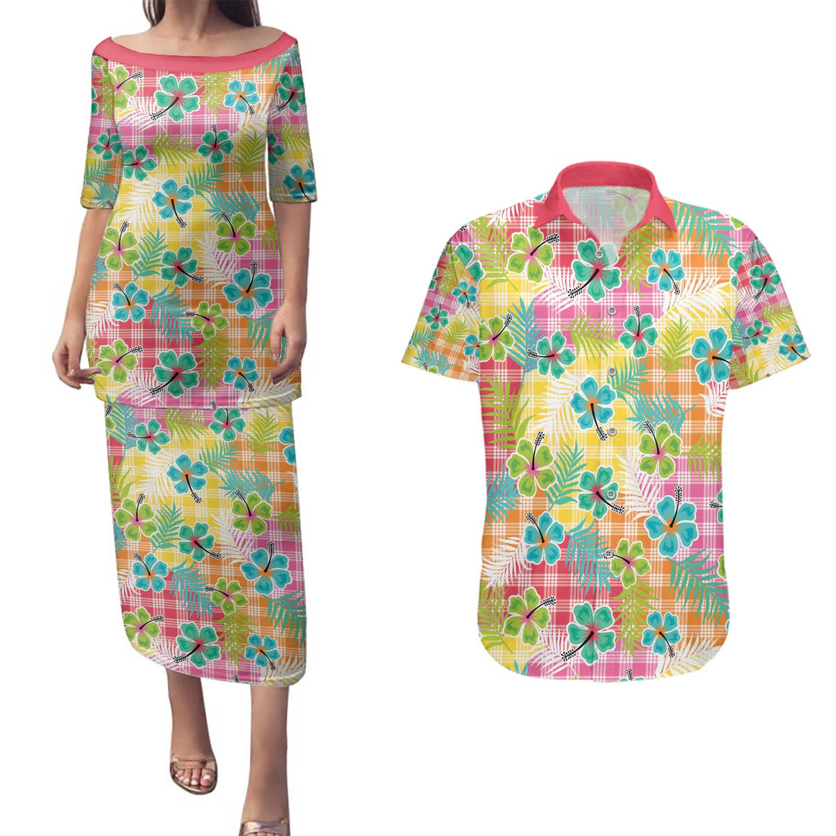 Hawaiian Palaka Couples Matching Puletasi and Hawaiian Shirt Hibiscus Palm Leaf Pattern - Polynesian Pride