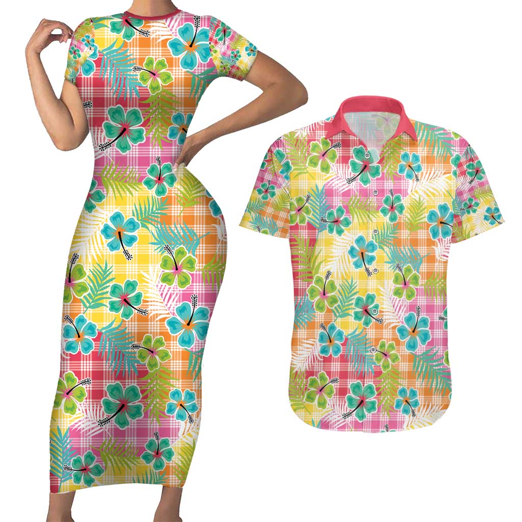 Hawaiian Palaka Couples Matching Short Sleeve Bodycon Dress and Hawaiian Shirt Hibiscus Palm Leaf Pattern LT9 Yellow - Polynesian Pride