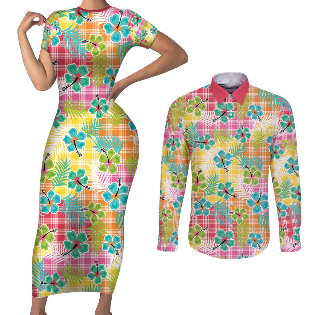 Hawaiian Palaka Couples Matching Short Sleeve Bodycon Dress and Long Sleeve Button Shirt Hibiscus Palm Leaf Pattern LT9 Yellow - Polynesian Pride
