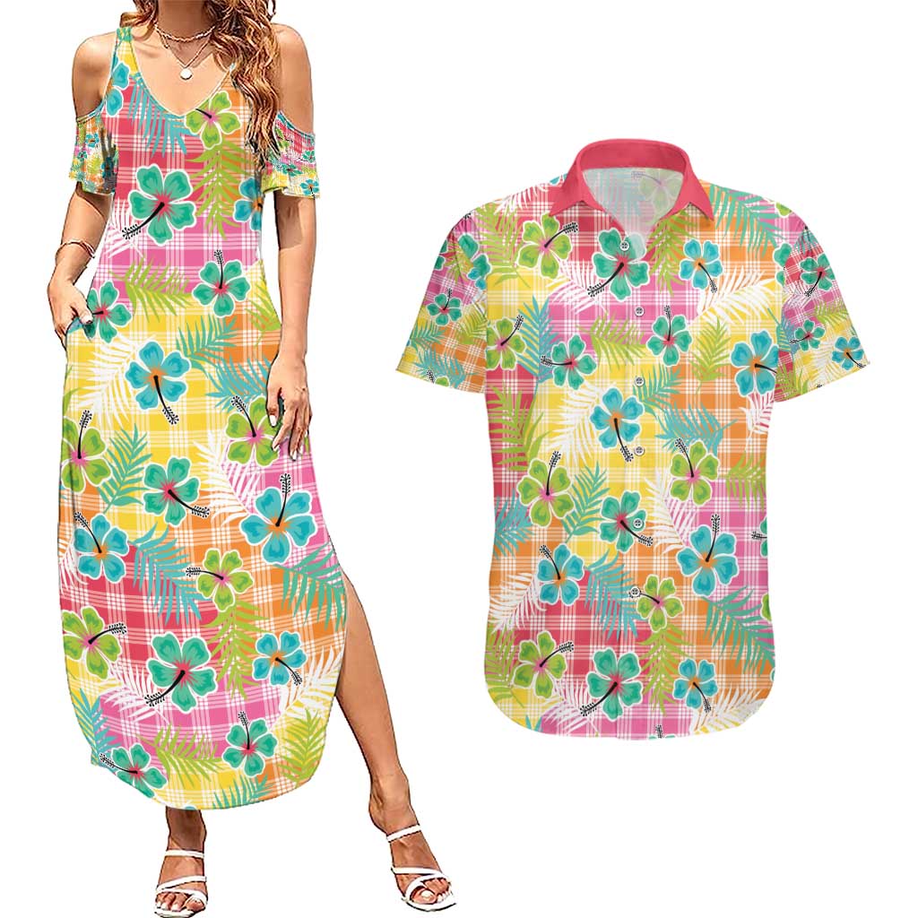 Hawaiian Palaka Couples Matching Summer Maxi Dress and Hawaiian Shirt Hibiscus Palm Leaf Pattern LT9 Yellow - Polynesian Pride