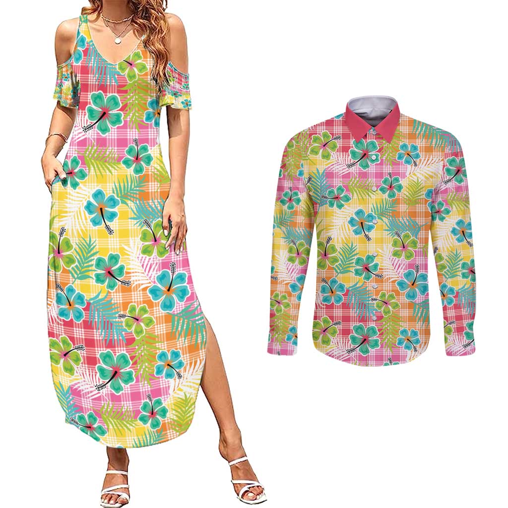 Hawaiian Palaka Couples Matching Summer Maxi Dress and Long Sleeve Button Shirt Hibiscus Palm Leaf Pattern LT9 Yellow - Polynesian Pride