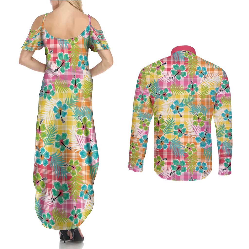 Hawaiian Palaka Couples Matching Summer Maxi Dress and Long Sleeve Button Shirt Hibiscus Palm Leaf Pattern - Polynesian Pride