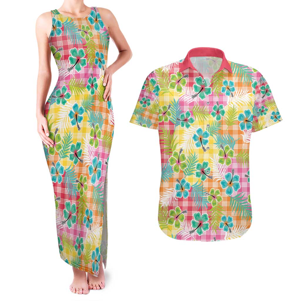 Hawaiian Palaka Couples Matching Tank Maxi Dress and Hawaiian Shirt Hibiscus Palm Leaf Pattern LT9 Yellow - Polynesian Pride