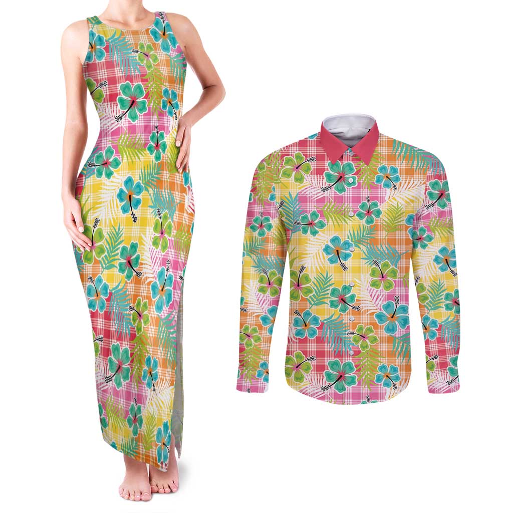 Hawaiian Palaka Couples Matching Tank Maxi Dress and Long Sleeve Button Shirt Hibiscus Palm Leaf Pattern LT9 Yellow - Polynesian Pride