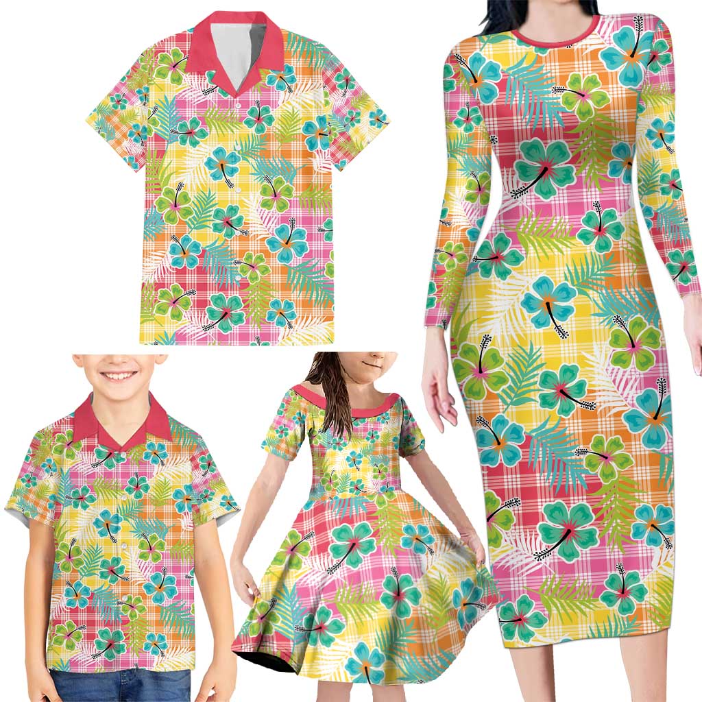 Hawaiian Palaka Family Matching Long Sleeve Bodycon Dress and Hawaiian Shirt Hibiscus Palm Leaf Pattern LT9 - Polynesian Pride