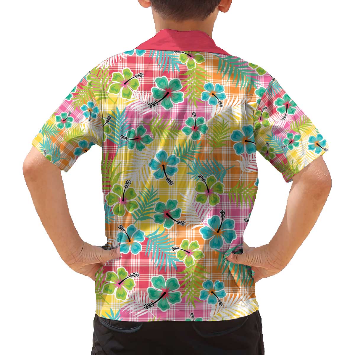 Hawaiian Palaka Family Matching Off The Shoulder Long Sleeve Dress and Hawaiian Shirt Hibiscus Palm Leaf Pattern - Polynesian Pride