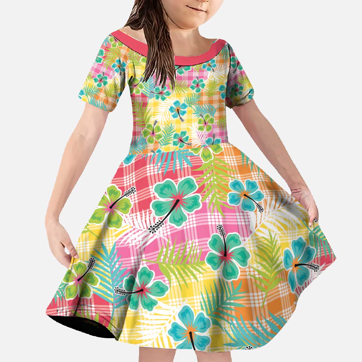 Hawaiian Palaka Family Matching Off The Shoulder Long Sleeve Dress and Hawaiian Shirt Hibiscus Palm Leaf Pattern - Polynesian Pride