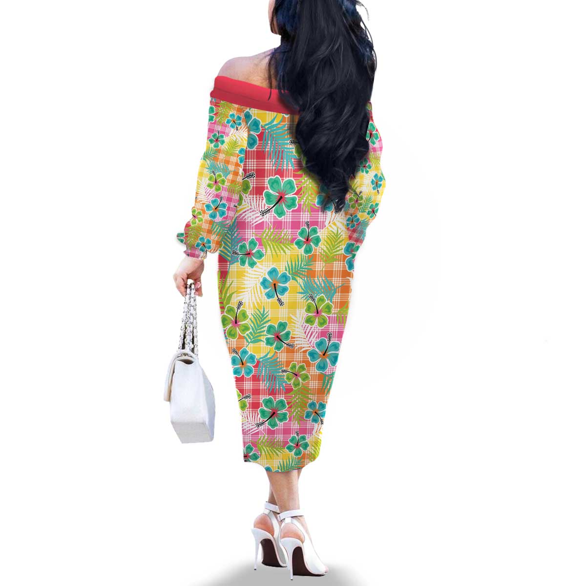 Hawaiian Palaka Family Matching Off The Shoulder Long Sleeve Dress and Hawaiian Shirt Hibiscus Palm Leaf Pattern - Polynesian Pride