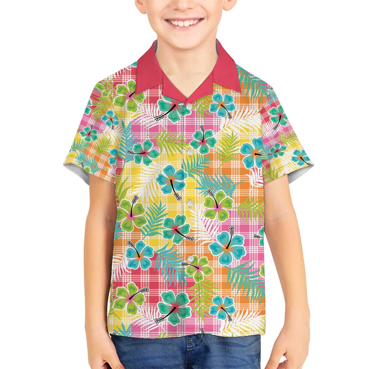 Hawaiian Palaka Family Matching Off The Shoulder Long Sleeve Dress and Hawaiian Shirt Hibiscus Palm Leaf Pattern - Polynesian Pride