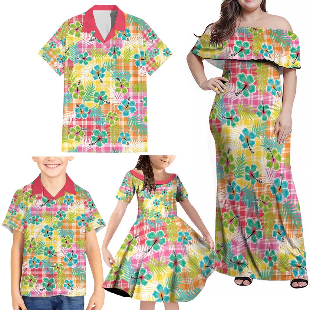 Hawaiian Palaka Family Matching Off Shoulder Maxi Dress and Hawaiian Shirt Hibiscus Palm Leaf Pattern LT9 - Polynesian Pride