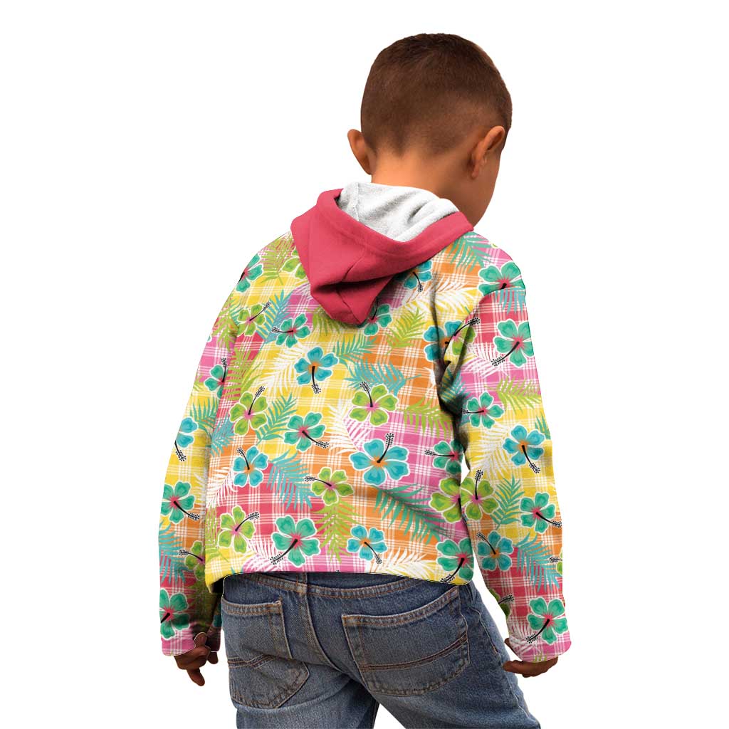 Hawaiian Palaka Kid Hoodie Hibiscus Palm Leaf Pattern - Polynesian Pride