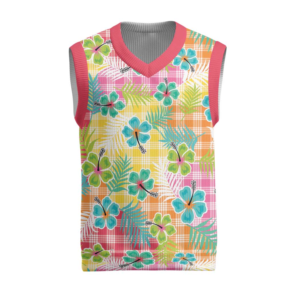 Hawaiian Palaka Christmas Knitted V-Neck Vest Hibiscus Palm Leaf Pattern - Polynesian Pride
