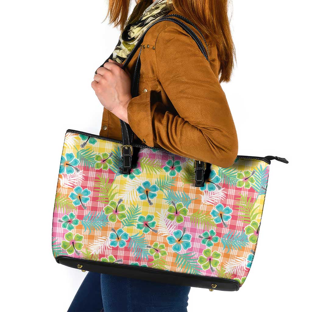 Hawaiian Palaka Leather Tote Bag Hibiscus Palm Leaf Pattern - Polynesian Pride
