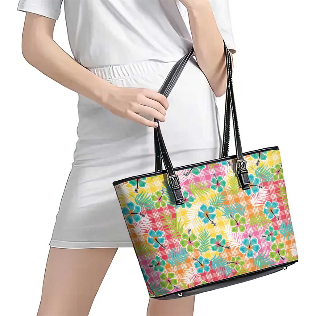 Hawaiian Palaka Leather Tote Bag Hibiscus Palm Leaf Pattern - Polynesian Pride