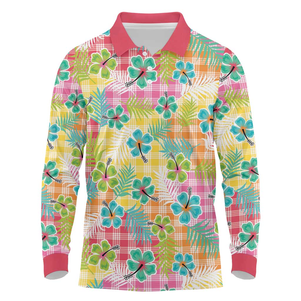 Hawaiian Palaka Long Sleeve Polo Shirt Hibiscus Palm Leaf Pattern LT9 Yellow - Polynesian Pride