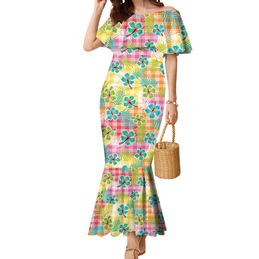 Hawaiian Palaka Mermaid Dress Hibiscus Palm Leaf Pattern - Polynesian Pride