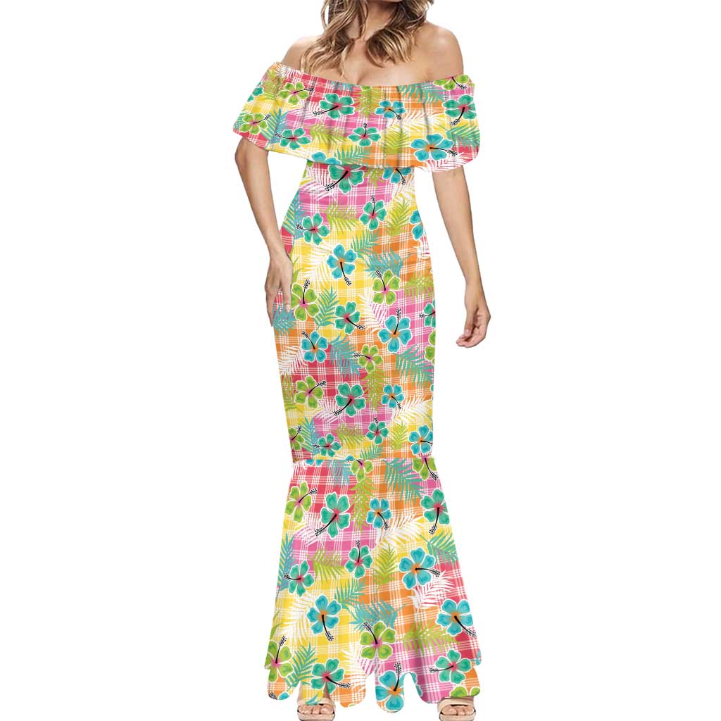 Hawaiian Palaka Mermaid Dress Hibiscus Palm Leaf Pattern - Polynesian Pride