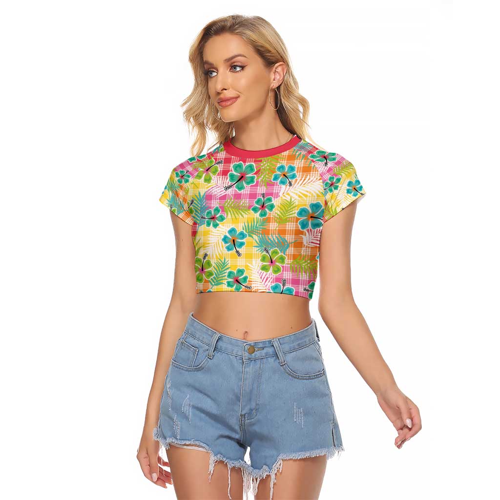 Hawaiian Palaka Raglan Cropped T Shirt Hibiscus Palm Leaf Pattern - Polynesian Pride