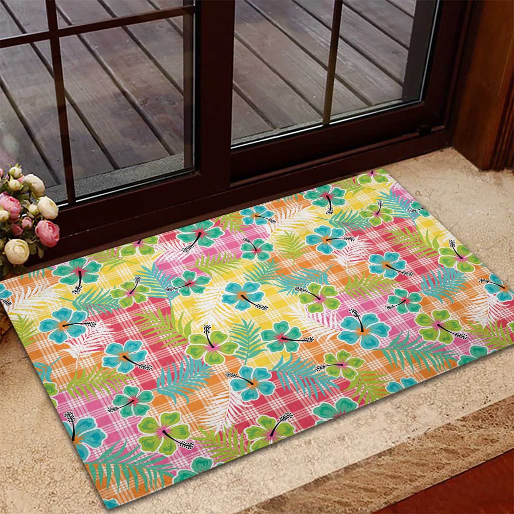 Hawaiian Palaka Rubber Doormat Hibiscus Palm Leaf Pattern - Polynesian Pride