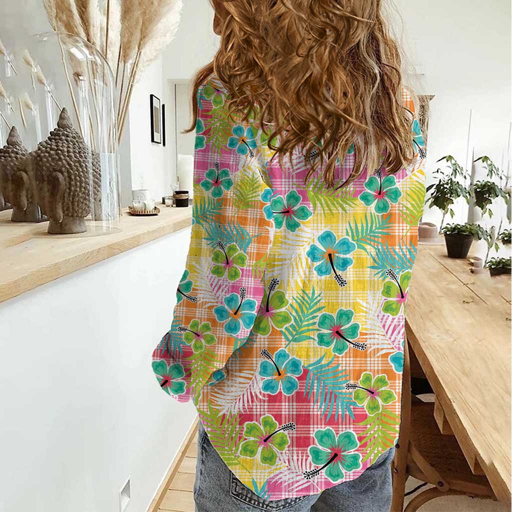 Hawaiian Palaka Women Casual Shirt Hibiscus Palm Leaf Pattern - Polynesian Pride