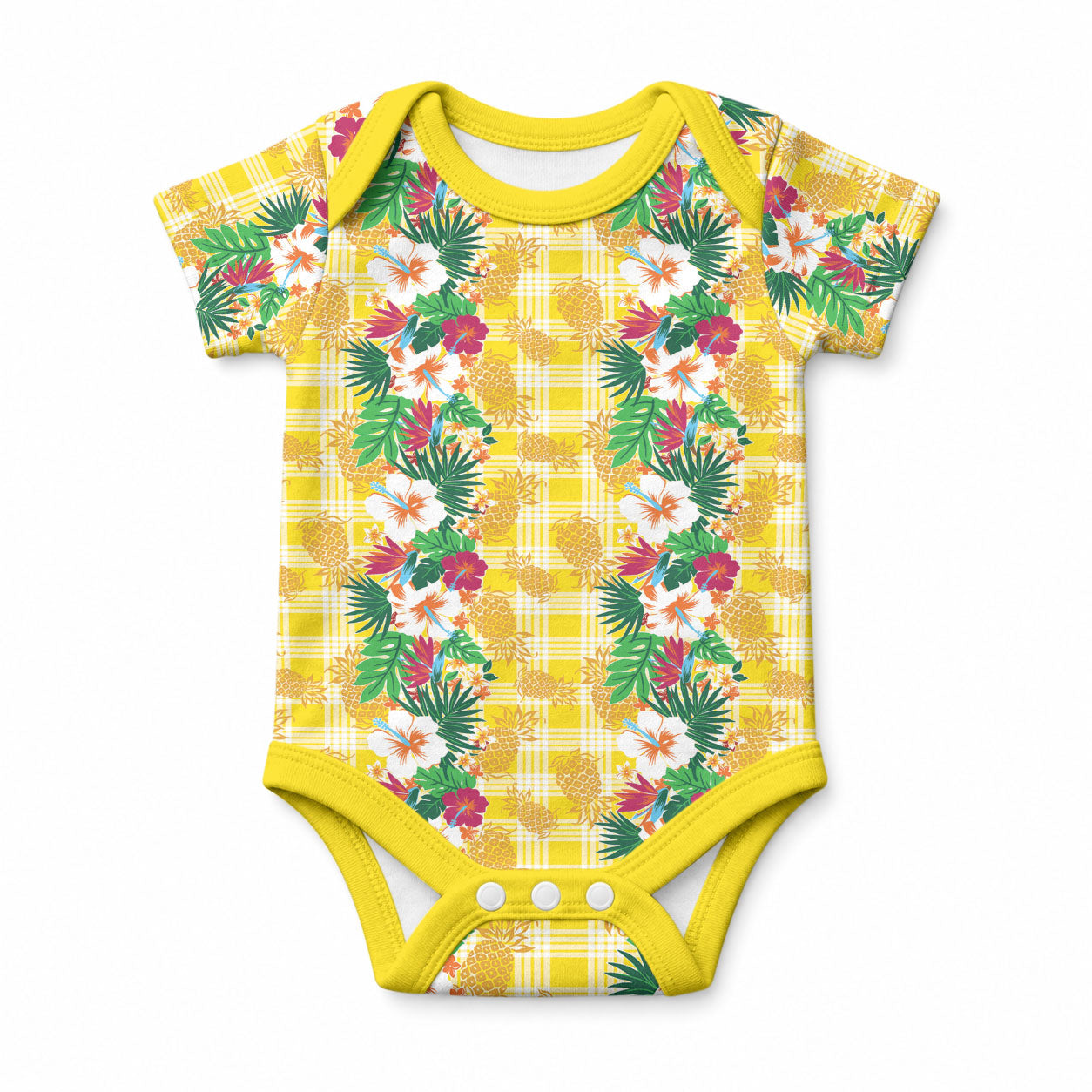 Hawaiian Palaka Baby Onesie Hibiscus Pineapple Lei LT9 Yellow - Polynesian Pride