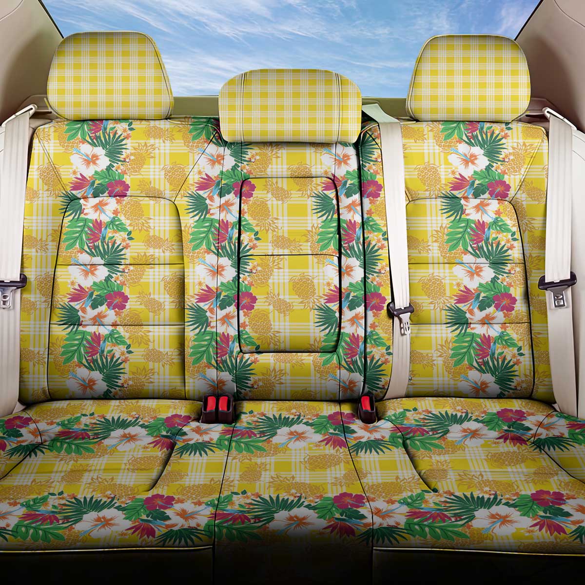 Hawaiian Palaka Back Car Seat Cover Hibiscus Pineapple Lei - Polynesian Pride