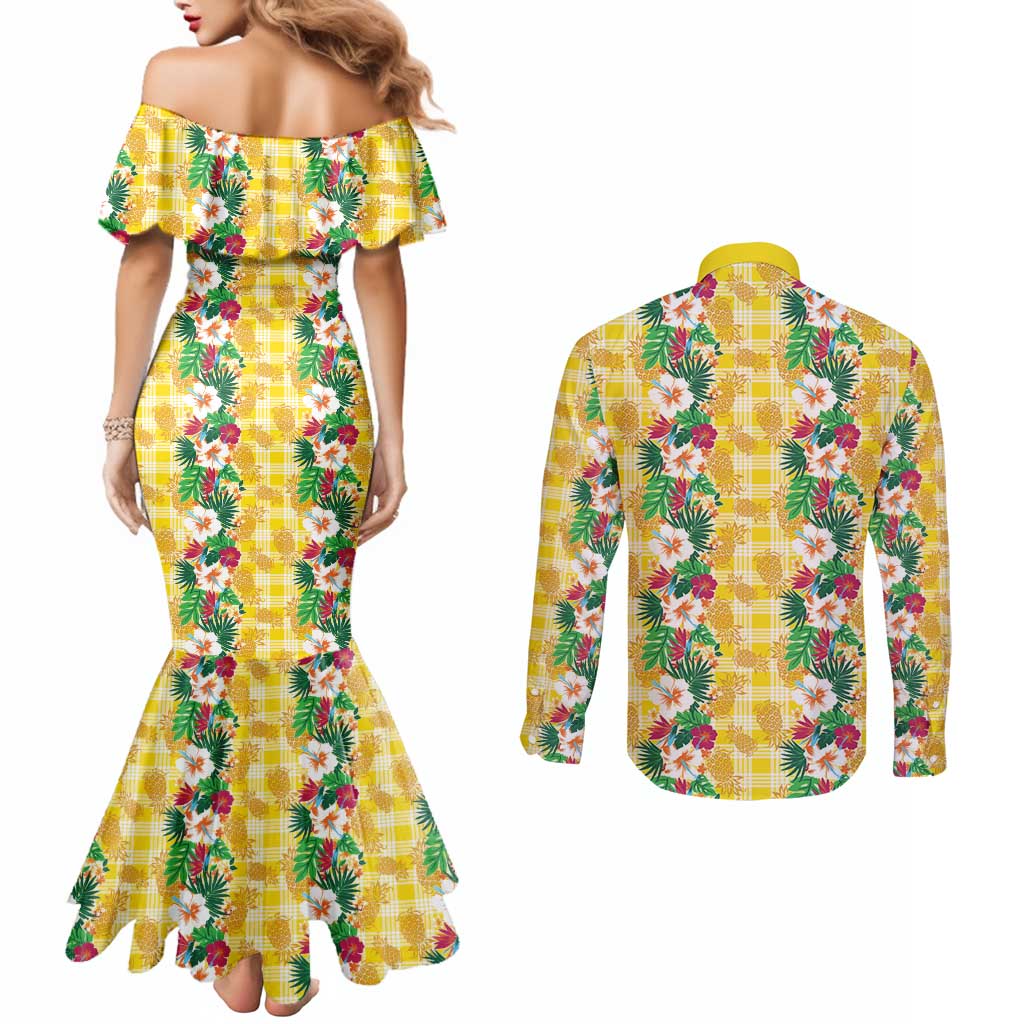 Hawaiian Palaka Couples Matching Mermaid Dress and Long Sleeve Button Shirt Hibiscus Pineapple Lei - Polynesian Pride