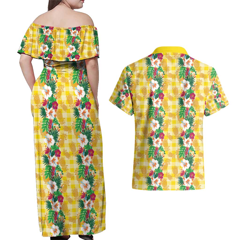 Hawaiian Palaka Couples Matching Off Shoulder Maxi Dress and Hawaiian Shirt Hibiscus Pineapple Lei - Polynesian Pride