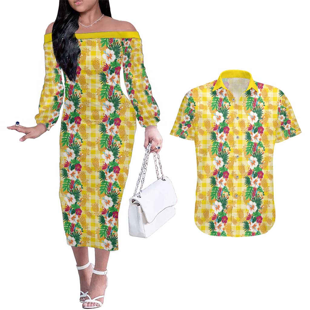 Hawaiian Palaka Couples Matching Off The Shoulder Long Sleeve Dress and Hawaiian Shirt Hibiscus Pineapple Lei - Polynesian Pride