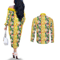 Hawaiian Palaka Couples Matching Off The Shoulder Long Sleeve Dress and Long Sleeve Button Shirt Hibiscus Pineapple Lei - Polynesian Pride