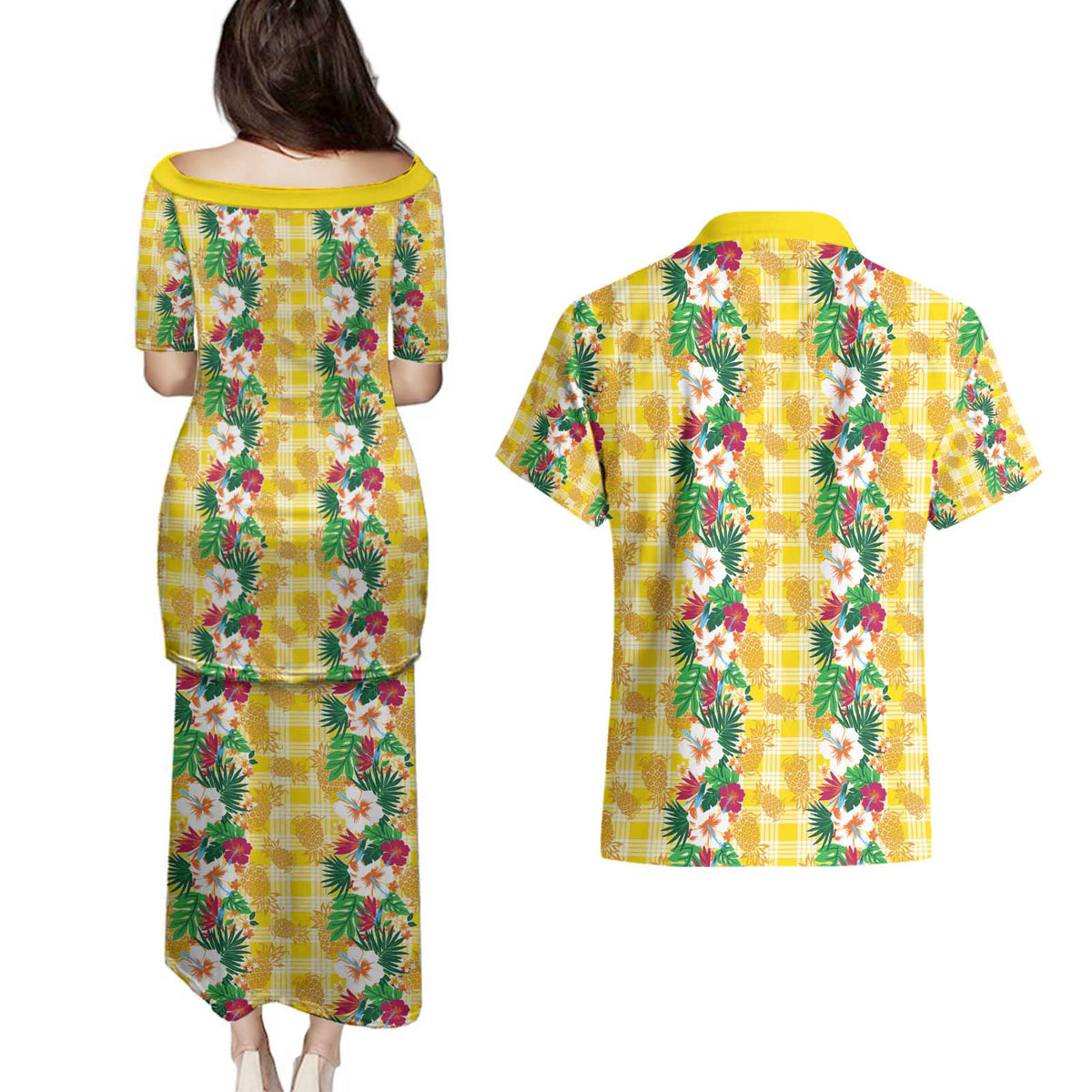 Hawaiian Palaka Couples Matching Puletasi and Hawaiian Shirt Hibiscus Pineapple Lei - Polynesian Pride