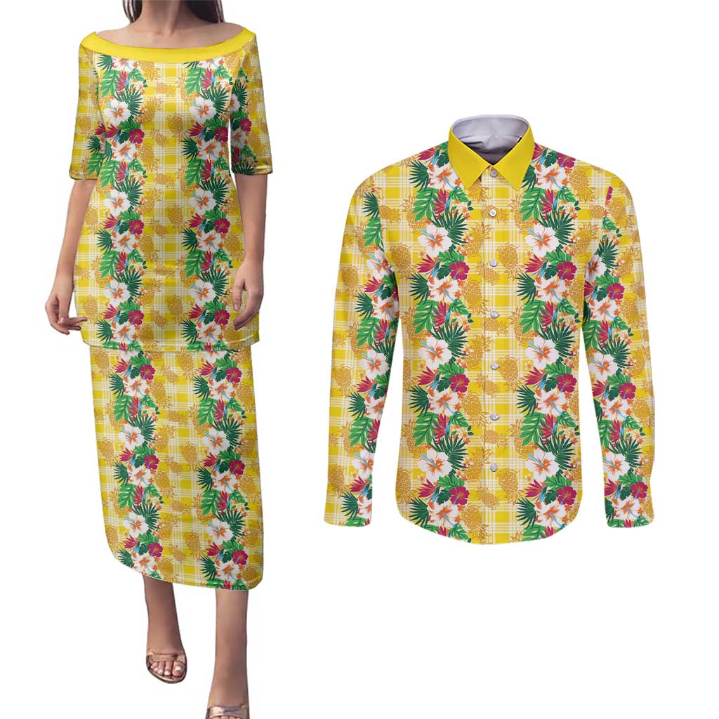 Hawaiian Palaka Couples Matching Puletasi and Long Sleeve Button Shirt Hibiscus Pineapple Lei - Polynesian Pride