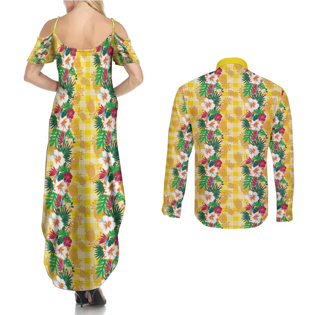 Hawaiian Palaka Couples Matching Summer Maxi Dress and Long Sleeve Button Shirt Hibiscus Pineapple Lei - Polynesian Pride