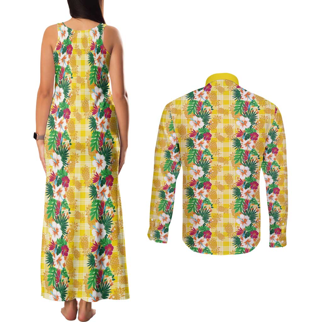 Hawaiian Palaka Couples Matching Tank Maxi Dress and Long Sleeve Button Shirt Hibiscus Pineapple Lei - Polynesian Pride