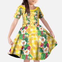Hawaiian Palaka Family Matching Long Sleeve Bodycon Dress and Hawaiian Shirt Hibiscus Pineapple Lei LT9 Daughter's Dress Yellow - Polynesian Pride