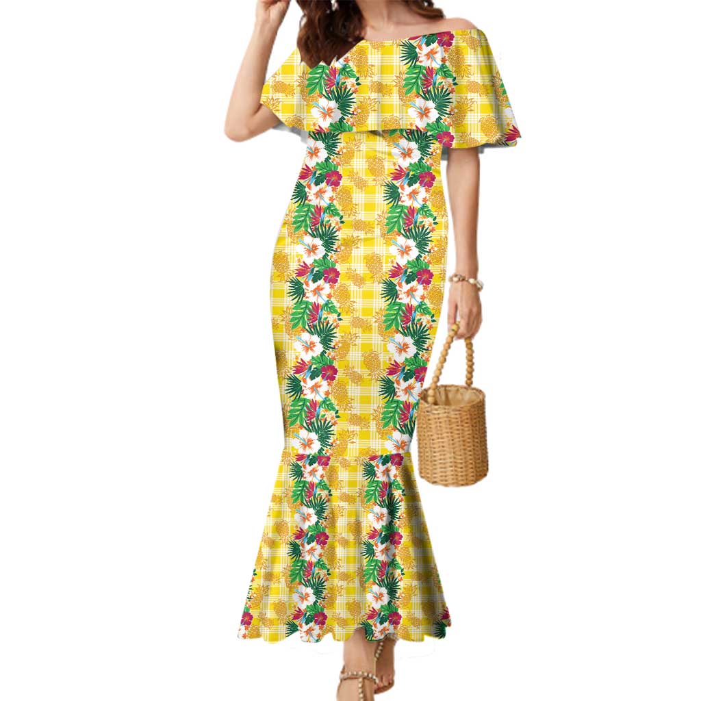 Hawaiian Palaka Family Matching Mermaid Dress and Hawaiian Shirt Hibiscus Pineapple Lei LT9 Mom's Dress Yellow - Polynesian Pride