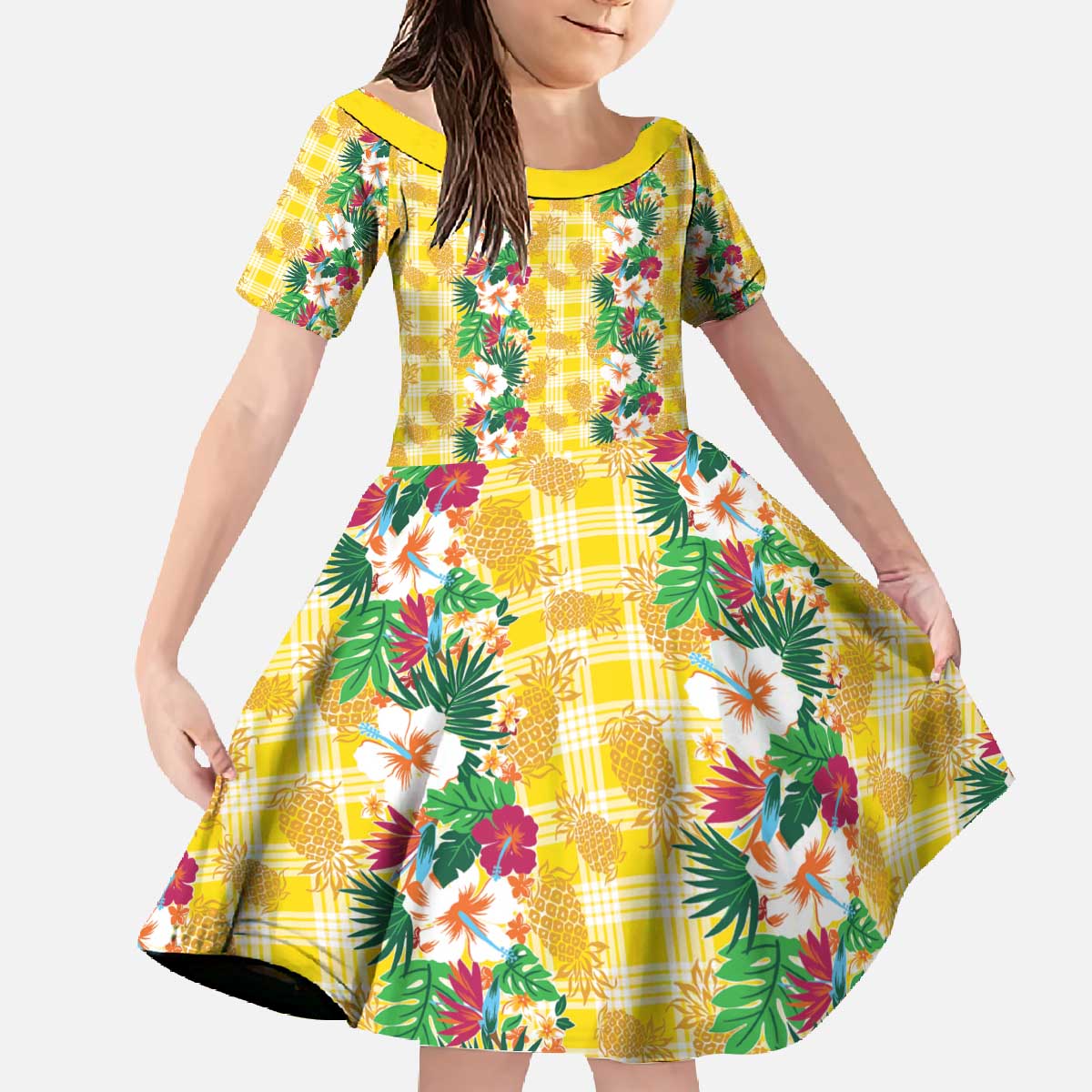 Hawaiian Palaka Family Matching Off The Shoulder Long Sleeve Dress and Hawaiian Shirt Hibiscus Pineapple Lei LT9 Daughter's Dress Yellow - Polynesian Pride