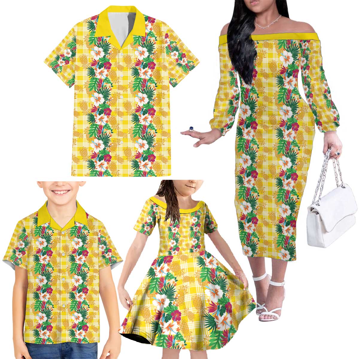 Hawaiian Palaka Family Matching Off The Shoulder Long Sleeve Dress and Hawaiian Shirt Hibiscus Pineapple Lei LT9 - Polynesian Pride
